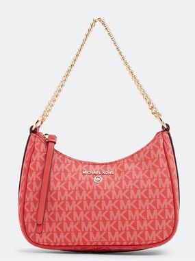 💯% Auethentic Michael Kors Coral Red MK Monogram Hobo with Gold Chain